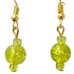 Murano Style Art Glass Bead Earrings Lime Green Gold Plated Crackled Glass Balls